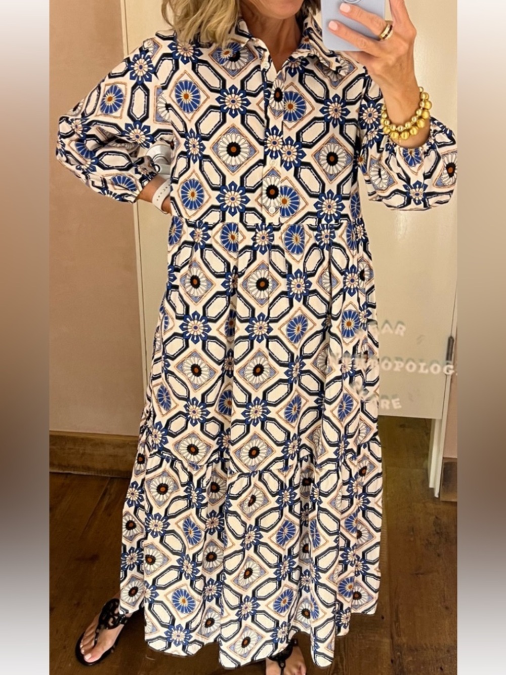 Maeve Geometric Floral Maxi Dress in White and Blue - Picture 1 of 11